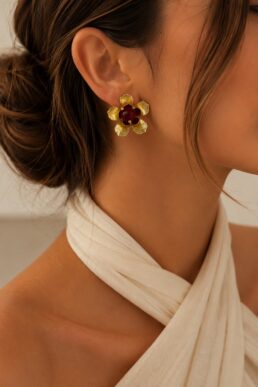 ARETES FLOR FÓSIL BRONCE ORO