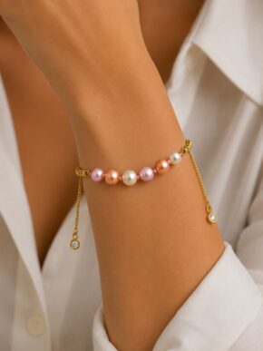 PULSERA PERLA POLVO NÁCAR BALINES RODIO